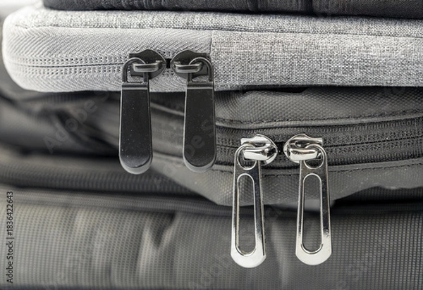 Obraz Close-up of zipper details on stacked bags highlighting vibrant textures