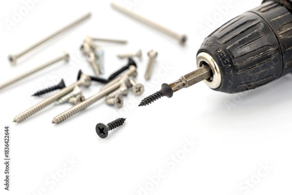 Obraz Power Drill with Screws on White Background for DIY Home Projects