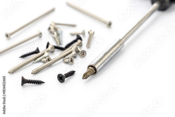 Obraz Variety of Screws and Screwdriver on White Background