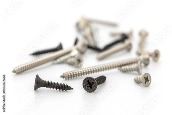 Obraz Collection of Various Screws Scattered on a Clean White Surface