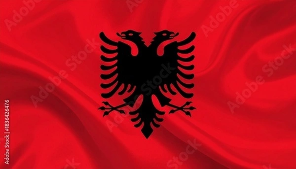 Fototapeta Albanian flag with black double-headed eagle on red field, symbolizing strength and national heritage.