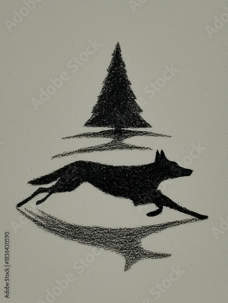Obraz wolf and pine tree silouette