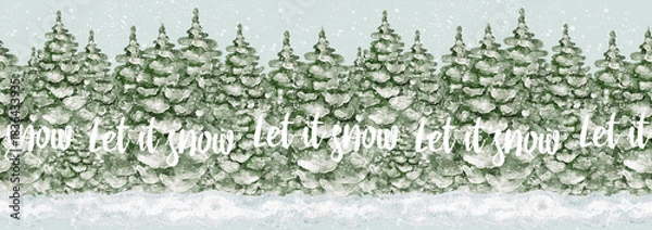 Fototapeta Let it Snow Winter Forest Scene With Falling Snow seamless border, ribbon design.