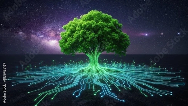Fototapeta Green Tree Blossoms with Circuit Board Roots Under Starlight