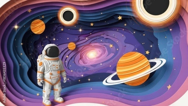 Fototapeta Astronaut Explores a Vibrant Paper Cut Universe with Planets