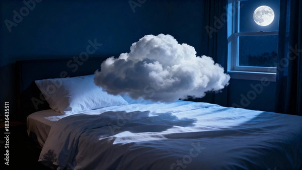 Fototapeta Fluffy cloud hovering over bed illuminated by moonlight for healthy sleep concept