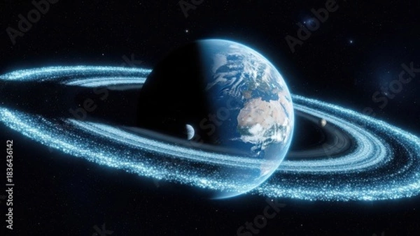 Fototapeta Earth-like planet with luminous sparkling rings