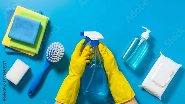 Fototapeta Hands in rubber gloves with a variety of cleaning supplies on a blue background with space for text 70096448 1