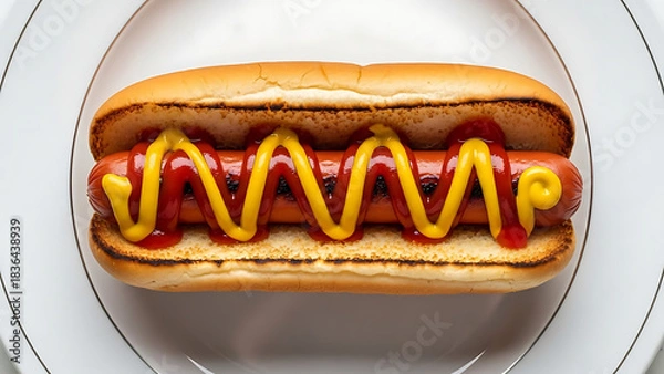 Fototapeta Hot dog with mustard and ketchup in a plate top view 64831883 1