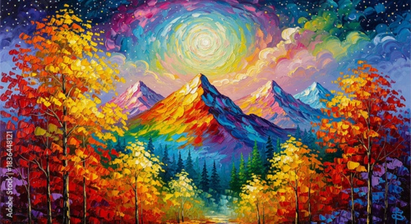 Obraz Fantasy Oil Painting of Multicolored Mountains and Luminous Trees, 3d modern art mural wallpaper, 3d mural wallpaper.