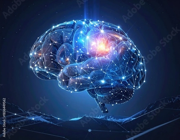 Obraz Glowing brain illustration with connected nodes and neural pathways, over a dark blue landscape