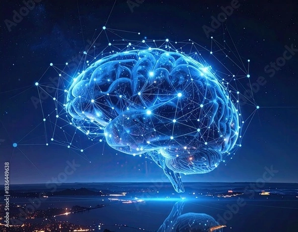 Obraz Glowing digital brain surrounded by interconnected network nodes, showcasing cognitive science