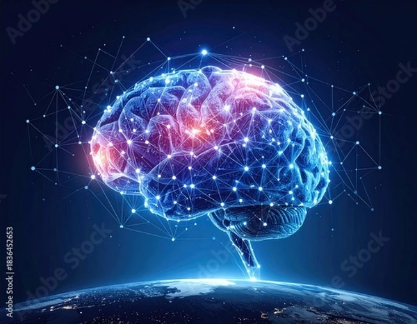 Obraz Glowing brain illustration with connected nodes above an Earth image. Neural network