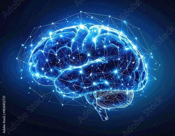 Obraz Illuminated blue brain illustration with interconnected nodes and a subtle dark background
