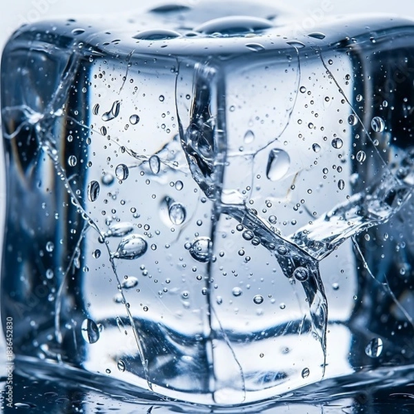 Fototapeta Detailed macro shot of a crystal clear ice cube with visible cracks and condensation