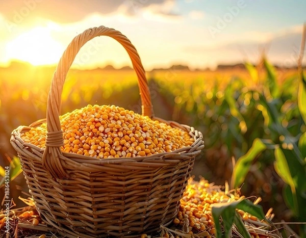Obraz Woven basket overflows with kernels, set in a golden field at sunset