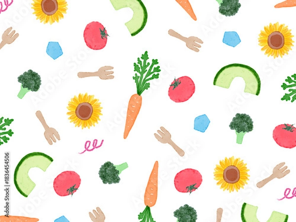 Obraz 白背景にカラフル手描き夏のイラストパターン。水彩のにんじんとトマトとアボカドとひまわり