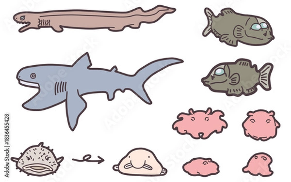 Obraz シンプルにデフォルメしたメンダコやサメなどの深海生物イラストセット