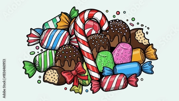Fototapeta Colorful candy assortment with a prominent candy cane and various sweets.