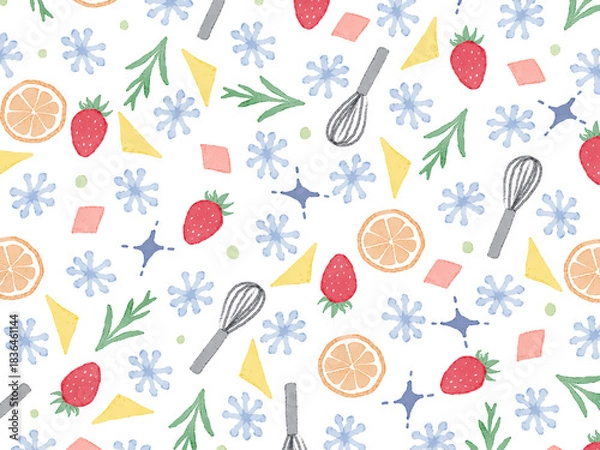 Obraz 白背景にカラフル手描きイラストパターン。水彩の苺とオレンジと泡立て器。デザートやお菓子作りのコンセプト