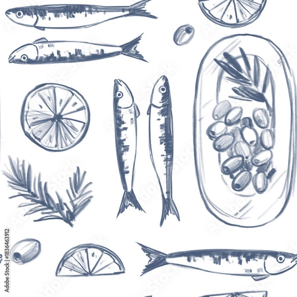 Obraz Sardines  fish, seafood, seamless pattern illustration set, hand drawn sketch