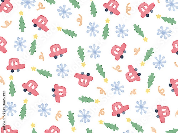 Obraz 白背景に手描きイラストパターン。冬の旅行やドライブのコンセプト。水彩のクリスマスツリーと赤い自動車