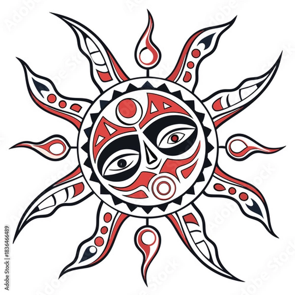 Obraz Stylized sun illustration featuring a face with tribal art elements