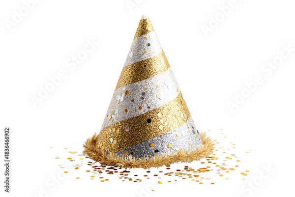Fototapeta Shiny Silver and Gold Confetti Party Hat with Tinsel Fringe, isolated on a transparent background.
