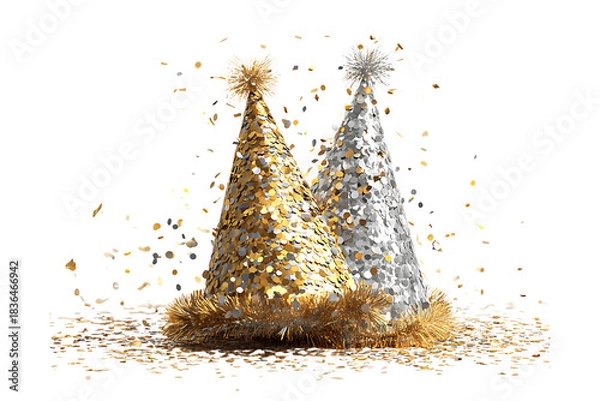 Fototapeta Shiny Silver and Gold Confetti Party Hat with Tinsel Fringe, isolated on a transparent background.