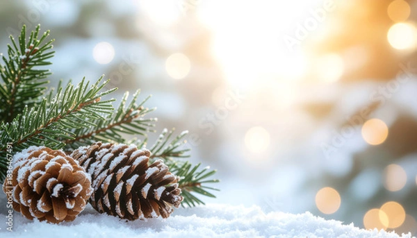 Fototapeta Snowy scene with pine cones and evergreen branches in the foreground, bokeh lights in the background, conveying a merry christmas mood with warm tones.