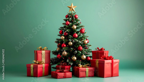 Fototapeta A Christmas tree decorated with red and gold ornaments and topped with a star surrounded by wrapped presents on a green background, conveying a merry Christmas mood with warm tones.