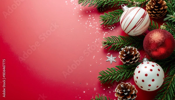 Fototapeta Close-up of Christmas ornaments and pine needles on a festive red background with a shallow focus, conveying a merry Christmas mood.