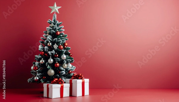 Fototapeta A decorated Christmas tree with presents in front of it stands against a red background, conveying a merry Christmas mood with a shallow focus and warm lighting.