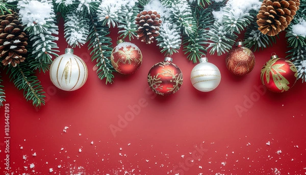 Fototapeta Merry Christmas background with snow-covered pine branches, ornaments, and pinecones on a red surface with scattered snowflakes.