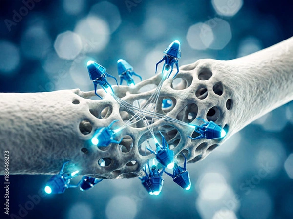 Obraz Futuristic Medical Nanotechnology Concept: Nanobots Repairing Bone Tissue