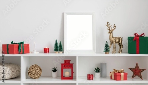 Obraz Amazing composition on white design shelf with christmas decoration, lights, gifts, lanterns ,deer, candles, stars, white corduroy sofa and stool. Santa claus is coming. Home decor. Template