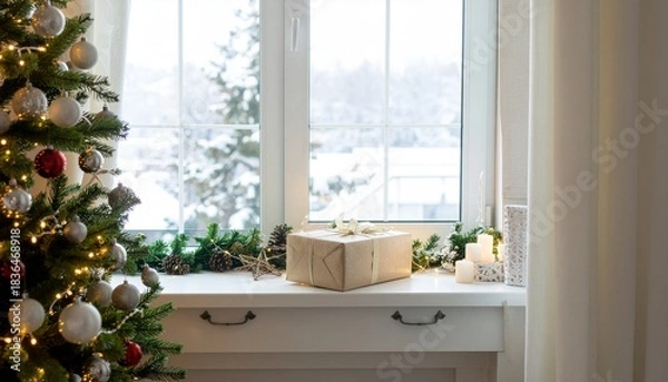 Fototapeta Christmas composition on the vintage shelf in the living room interior with beautiful decoration, big window, christmas tree, candles, stars, gifts, light and elegant accessories. Template