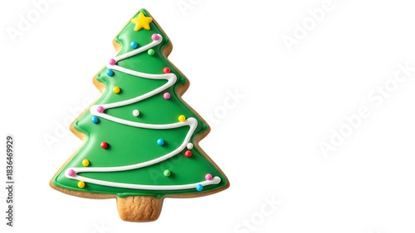 Fototapeta Christmas tree cookie decorated with icing on white background