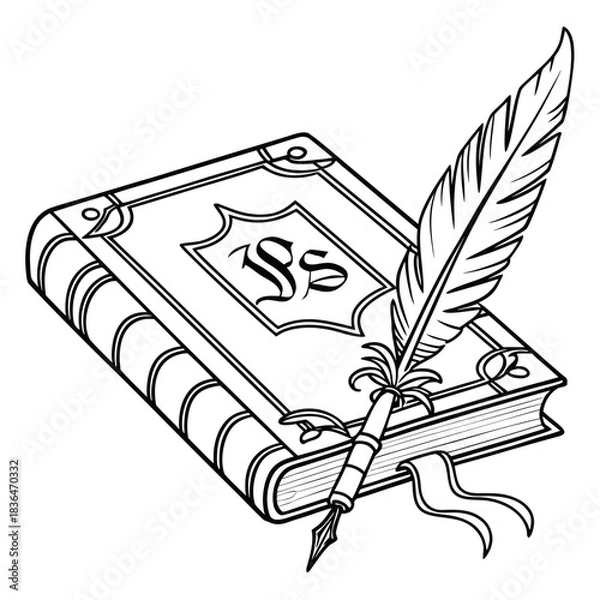 Fototapeta A vintage black and white illustration of an ornate closed book with a feather quill pen resting on its cover symbolizing writing and knowledge