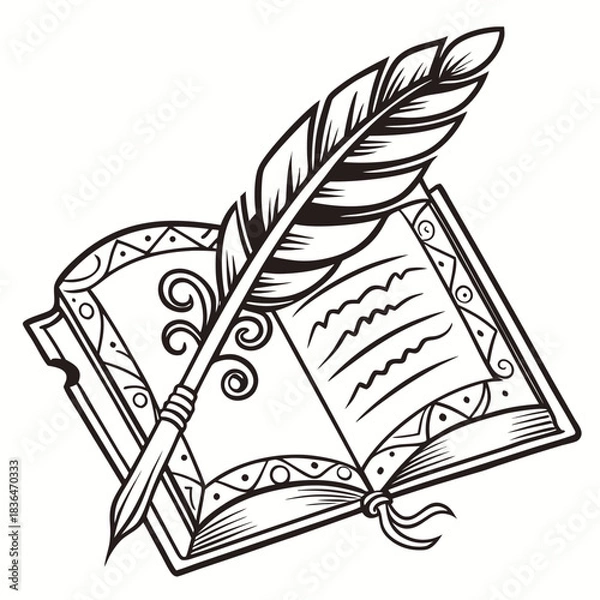 Fototapeta An open book with decorative borders and a quill pen resting on its pages symbolizing writing literature and creativity