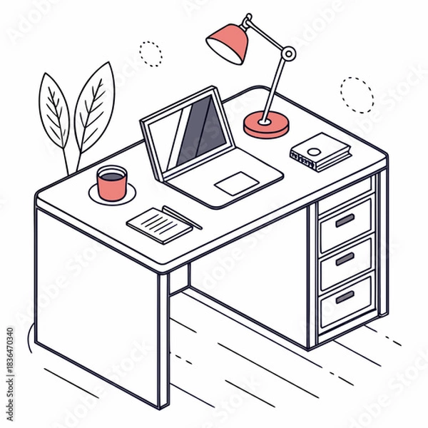 Fototapeta A clean and modern isometric illustration of a home office desk setup featuring a laptop desk lamp notebook pen coffee cup and a plant perfect for remote work or study