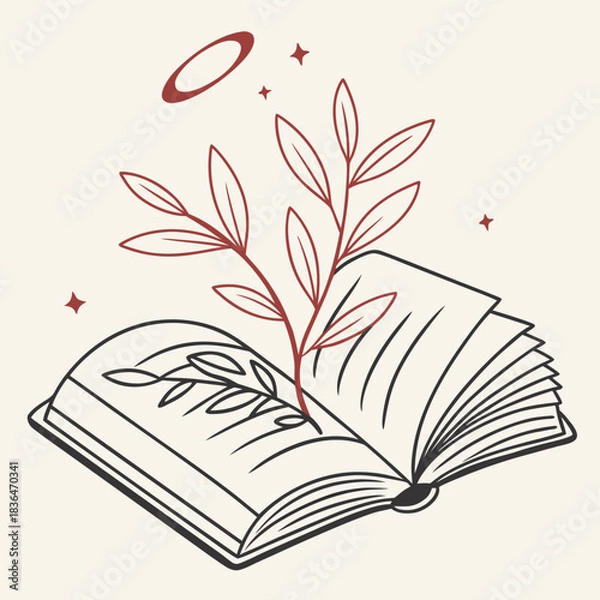 Fototapeta An open book with a red branch and leaves growing from its pages symbolizing knowledge and growth with a red halo and stars above