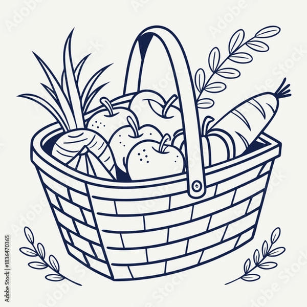 Fototapeta A charming hand drawn illustration of a woven basket overflowing with fresh apples and carrots adorned with delicate sprigs of greenery perfect for harvest themes