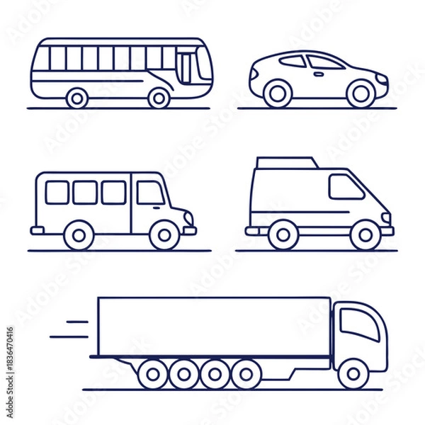 Fototapeta A collection of simple line art icons representing various vehicles including a bus car minivan and truck all rendered in a clean outline style on a white background
