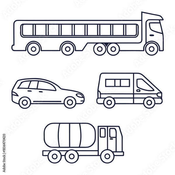 Fototapeta A collection of simple line art illustrations of various vehicles including a bus a car a van and a tanker truck on a white background