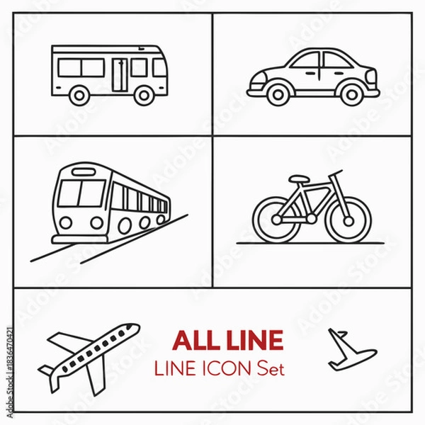 Fototapeta Collection of simple line art icons representing various modes of transportation including a bus train car bicycle and airplane for travel concepts