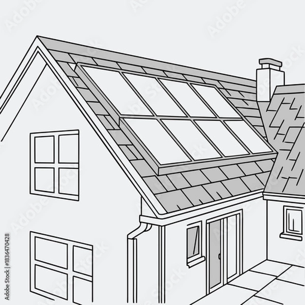 Fototapeta Illustration of a house roof with solar panels installed on the sloped surface showcasing sustainable energy generation for residential properties