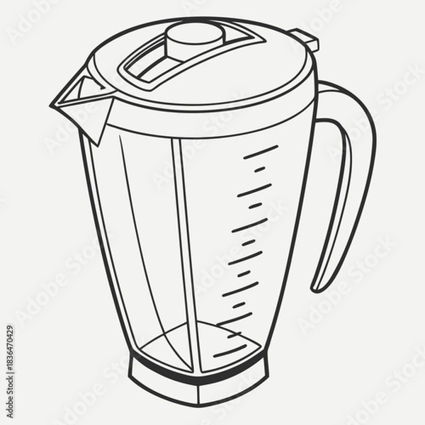 Fototapeta A simple black and white line art illustration of a kitchen blender pitcher with measurement markings and a handle isolated on a plain background