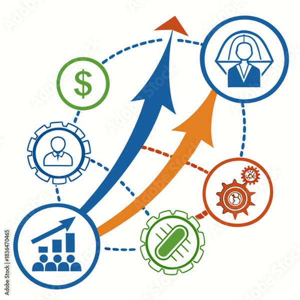 Fototapeta Conceptual illustration of business growth and development with interconnected elements representing finance people technology and leadership driving upward progress