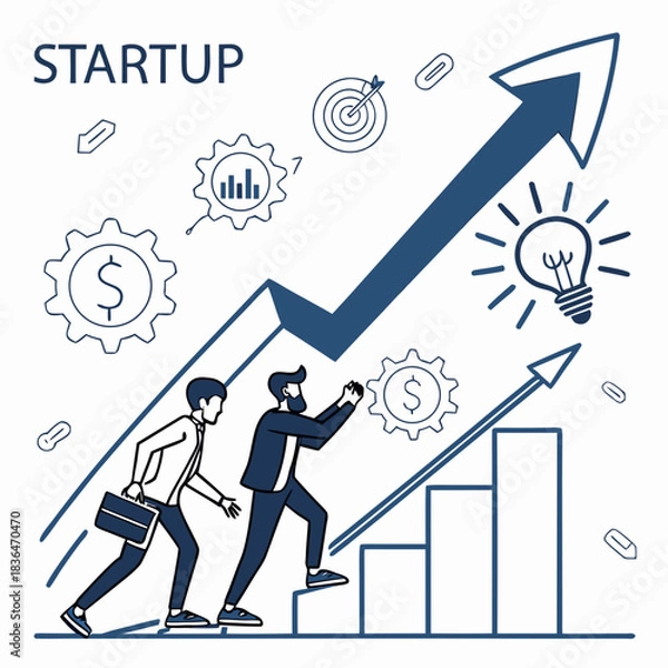 Fototapeta Two businessmen climb stairs representing startup growth and success with a rising arrow graph lightbulb idea target and gears symbolizing finance and progress